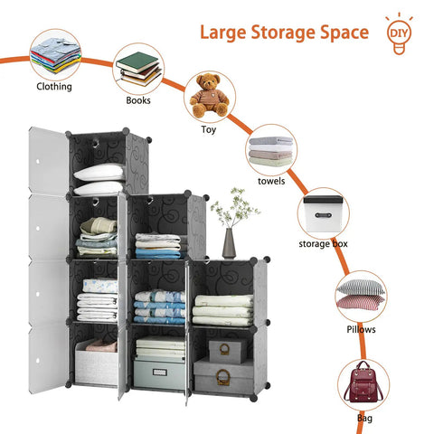 Nine Cube Portable Closet Wardrobe With Doors Space Saver Storage Organizer For Clothes Shoes And More Modular Bookcase Cubby Cabinet For Bedroom Black Durable Plastic Construction Easy Assembly Flexible Cubby Layout displaying storage options.