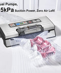 95kPa Vacuum Sealer With OneTouch Auto Vac And Seal, Double Heat Seal in use with clear bag and sealed contents