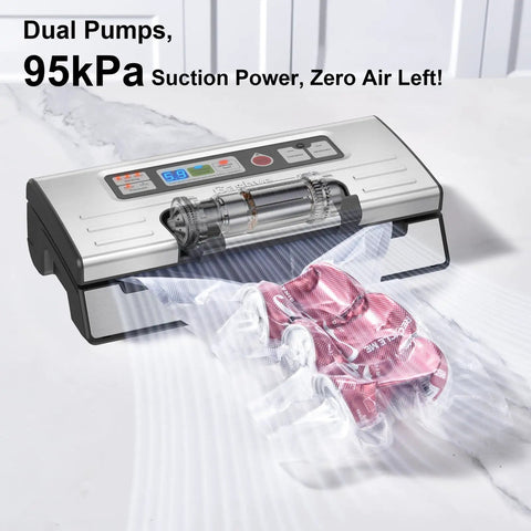 95kPa Vacuum Sealer With OneTouch Auto Vac And Seal, Double Heat Seal in use with clear bag and sealed contents