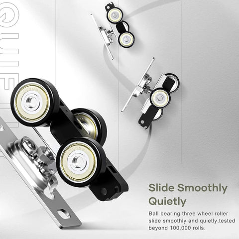 Six Foot Sliding Pocket Door Hardware Kit Black With Aluminum Box Rail, Commercial Grade, showing ball bearing three wheel rollers