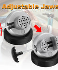 Five Inch Ball Vise Engraving Setting Tool With 360 Degree Rotation Pro Grade Heavy Duty Ball Vise And Thirty Six Piece Attachment Jewelry Engraving Block Standard Block with adjustable jaws shown in two positions.