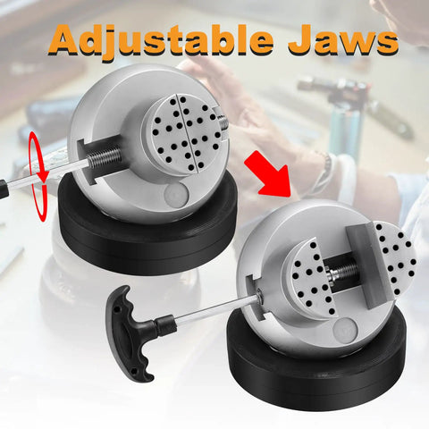 Five Inch Ball Vise Engraving Setting Tool With 360 Degree Rotation Pro Grade Heavy Duty Ball Vise And Thirty Six Piece Attachment Jewelry Engraving Block Standard Block with adjustable jaws shown in two positions.