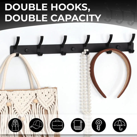 Two Pack Wall Mount Coat Rack Hooks Set For Entryway And Bathroom, No Fuss Double Hanger Rail For Robes Coats Hats Bags Towels