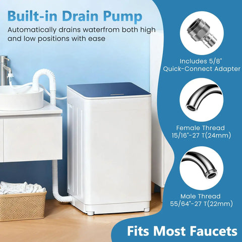 Compact Fully Automatic Washing Machine With Drain Pump 7 Wash Settings 4 Water Levels, showing built-in drain pump and connection fittings.