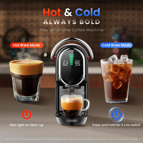 Mini Espresso Machine With All In One Pod Adapters For Nespresso Original Dolce Gusto Lavazza Blue ESE Pods And Ground Coffee No Fuss 19 Bar Pressure Adjustable Temperature And Cup Size Compact Coffee Maker With 21oz Reservoir showing hot and cold brew modes.