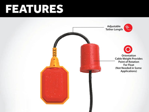 Image of Heavy-Duty Sump Pump Float Switch With 10-Foot Water Level Sensor Adjustable Tether And Honeywell Microswitch features.