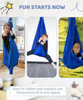 Kick Back And Chill In This Epic Cocoon Sensory Swing For Kids And Grown Ups Indoor Outdoor Therapy Hammock Chair With Buttery Soft Silky Nylon Hug Seat, featuring kids in blue swings.