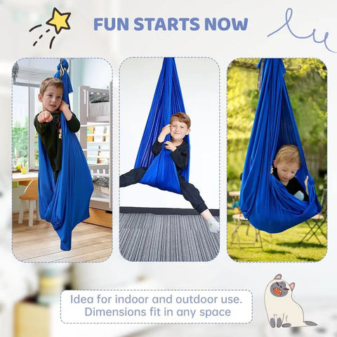 Kick Back And Chill In This Epic Cocoon Sensory Swing For Kids And Grown Ups Indoor Outdoor Therapy Hammock Chair With Buttery Soft Silky Nylon Hug Seat, featuring kids in blue swings.