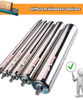 Stainless Steel Conveyor Rollers Five Pack For Gravity Conveyor Systems In Warehouses And Truck Trailers Diameters One To Two And A Half Inches Lengths Four To Thirty Nine Inches Beefy Heavy Duty 304 Stainless Steel Rollers displayed with different diameters
