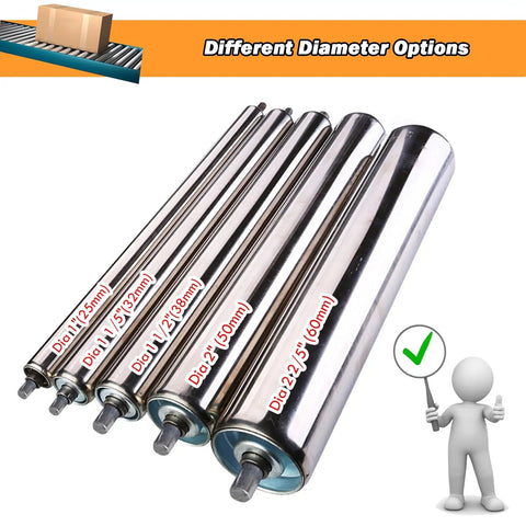 5 Pack Heavy Duty Conveyor Rollers Set Stainless 304 Steel Infeed Outfeed Table Ready Industrial DIY Grade Multi Diameter Options 1in To 2.4in Shaft Sizes 8mm Or 12mm Lengths 3.9in To 39.4in, 5 stainless rollers with diameter labels