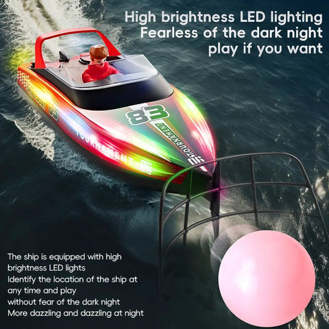 High Speed RC Boat For Pool And Lake With 2.4Ghz Remote 120 Minutes Playtime with LED lights on water at night