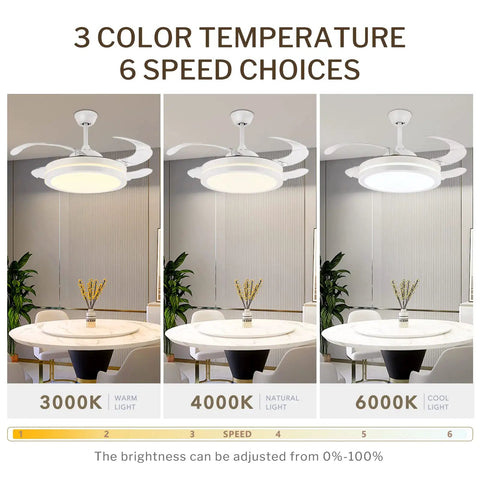42 Inch Retractable Bladeless Ceiling Fan With LED Lights Remote Control Smart White Finish, 3 color temperatures, dining room view