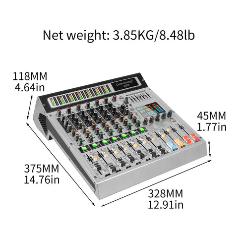 8 Channel Audio Mixer With MP3 Player USB Recording And Grouping 2 AUX Interfaces 99 DSP Effects dimensions and weight details.