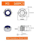 M3 Nylon Insert Lock Nuts 0.5mm Pitch, 160 Pcs, 304 Stainless Steel A2 70, diagram and specs