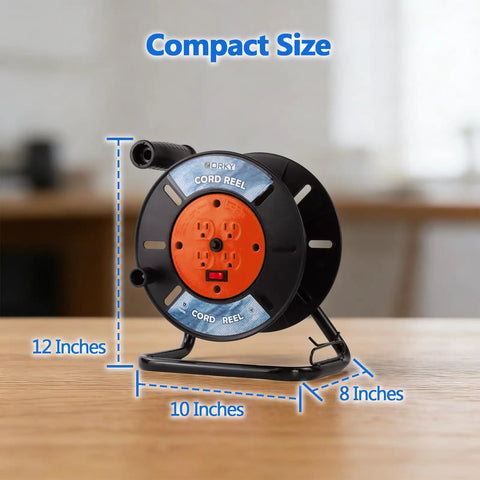 Heavy Duty Retractable Extension Cord Reel Open Cord Roller For 12/3 14/3 And 16/3 Gauge, compact size, on table