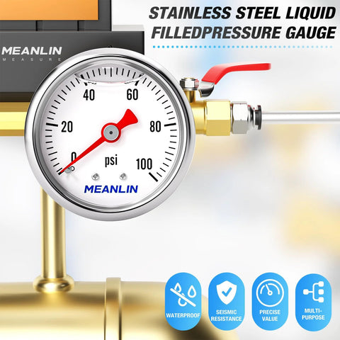 industrial stainless steel pressure gauge with liquid-filled dial, 0-100 psi, for accurate measurement of water, oil, and air pressure