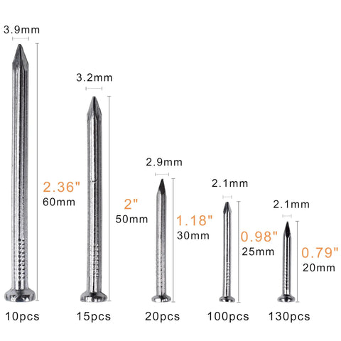 Five Size Galvanized Brick Nails Kit 275 Pieces For Hanging Pictures And DIY Woodworking, size chart with dimensions