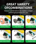 5-In-1 Lapidary Saw Kit For Cutting, Grinding, Carving, Drilling And Polishing Rocks, showing various polishing wheels and tools