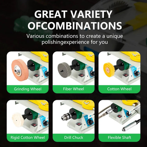 5-In-1 Lapidary Saw Kit For Cutting, Grinding, Carving, Drilling And Polishing Rocks, showing various polishing wheels and tools