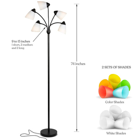 Five Head LED Floor Lamp With Dimmable 4000 Lumens, 74-inch tall standing light with color and white interchangeable shades, black.