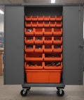 Rock Solid Industrial Mobile Steel Storage Cabinet 36 X 24 X 81 Inches Heavy Duty with 30 red sorting bins inside.