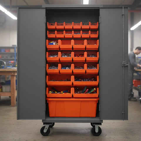 Rock Solid Industrial Mobile Steel Storage Cabinet 36 X 24 X 81 Inches Heavy Duty with 30 red sorting bins inside.