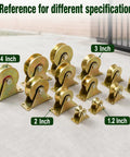 4 Inch U-Groove Pulley Wheels Ultra Heavy-Duty Rigid Casters for Square Tube Tracks Extreme Load Bearing 1765 LBS Capacity Stainless Steel Track Wheels 2-Pack display alongside various sizes of gold casters.