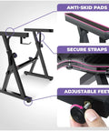 Heavy Duty Portable Keyboard Stand And Adjustable Bench Set For 54 To 88 Key Pianos And Digital Keyboards showing anti-skid pads, secure straps, and adjustable feet details