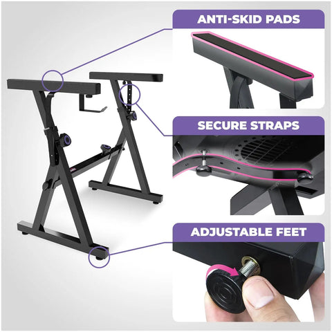 Heavy Duty Portable Keyboard Stand And Adjustable Bench Set For 54 To 88 Key Pianos And Digital Keyboards showing anti-skid pads, secure straps, and adjustable feet details