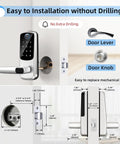 Smooth Zero Stress Smart Door Lock With Handle displays easy installation without drilling and measures size specifications.