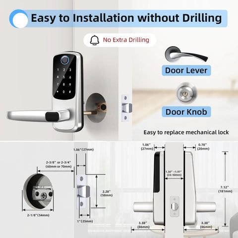 Smooth Zero Stress Smart Door Lock With Handle displays easy installation without drilling and measures size specifications.