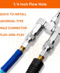 Air Hose Splitter Kit 2 Pack 1 Quarter Inch NPT Swivel 360 Degrees Connectors with universal couplers connected to hoses