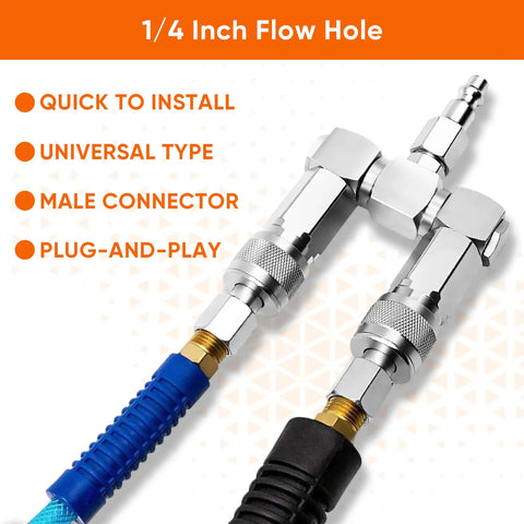 Air Hose Splitter Kit 2 Pack 1 Quarter Inch NPT Swivel 360 Degrees Connectors with universal couplers connected to hoses
