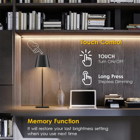 Two Pack LED Cordless Table Lamps With Rechargeable 5500mAh Battery shown on a desk with touch control and memory function features.