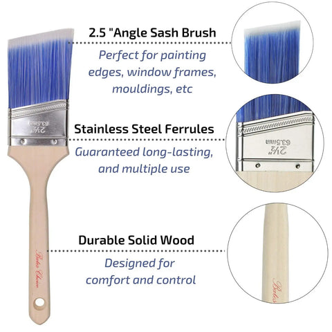 Two Pack Wood Handle Paint Brush Set Featuring 3 Inch Flat And 2.5 Inch Angled Sash Brushes with lightweight treated wood grip.