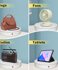 Ultra Smooth 7.9 Inch Motorized Electric Turntable Rotating Display Stand For Product Photography With Remote Control and 360 Degree Spinning Platform showcasing bags, fans, radios, and tablets.