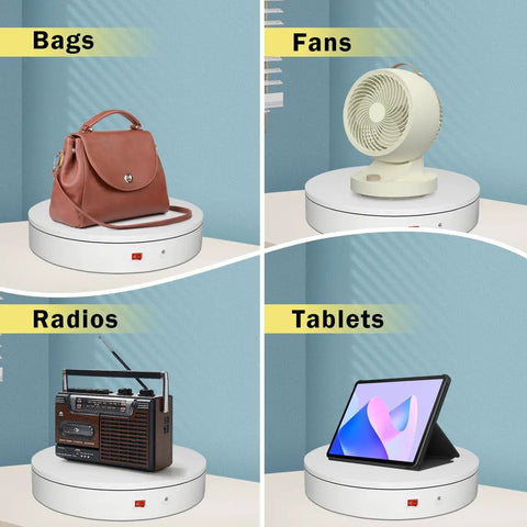 Ultra Smooth 7.9 Inch Motorized Electric Turntable Rotating Display Stand For Product Photography With Remote Control and 360 Degree Spinning Platform showcasing bags, fans, radios, and tablets.