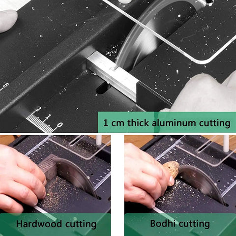 Badass Compact Mini Table Saw With Adjustable Speed Control And Precision Angle Guide For Diy Woodworkers cutting 1 cm thick aluminum and hardwood.