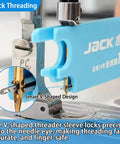 Automatic Needle Threader For Sewing Machines, 4 In 1 Multitool With Built In Ruler, Magnifier And Magnetic Seam Guide, Finger Safe Threading, Quick Setup For Quilting And Everyday Sewing Supplies Blue product in use showing quick threading with needle.