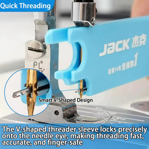 Automatic Needle Threader For Sewing Machines, 4 In 1 Multitool With Built In Ruler, Magnifier And Magnetic Seam Guide, Finger Safe Threading, Quick Setup For Quilting And Everyday Sewing Supplies Blue product in use showing quick threading with needle.