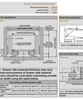 Diagram showing specifications for Undermount Soft Close Drawer Slides for Face Frame Cabinets, Full Extension with 3D Locking, 12-21 Inch Options.