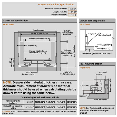 Diagram showing specifications for Undermount Soft Close Drawer Slides for Face Frame Cabinets, Full Extension with 3D Locking, 12-21 Inch Options.