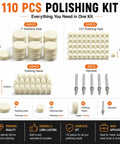 110 Piece Rotary Tool Polishing Kit All In One Pro Grade With Felt Wheels Buffing Wheels And Bullet Bits One Inch And One Half Inch Sizes Plus Five Stainless Mandrels For Watches Metal Detail Finishing In Tight Spaces displayed