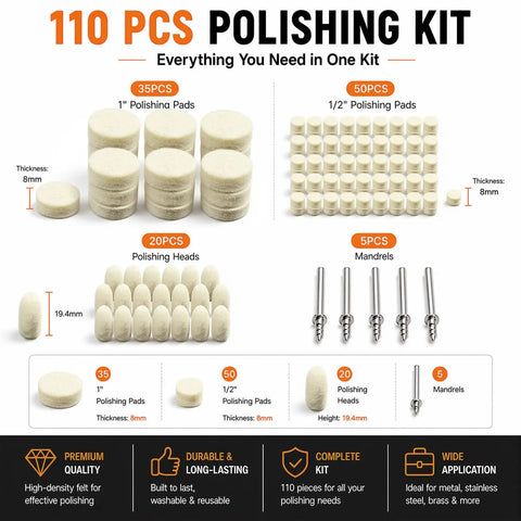 110 Piece Rotary Tool Polishing Kit All In One Pro Grade With Felt Wheels Buffing Wheels And Bullet Bits One Inch And One Half Inch Sizes Plus Five Stainless Mandrels For Watches Metal Detail Finishing In Tight Spaces displayed