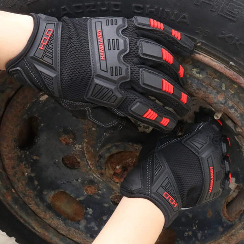 Heavy Duty Touch Screen Work Gloves For Men With Padded Knuckles And Palm Anti Abrasion Anti Slip Mechanics Gloves Black Red Large