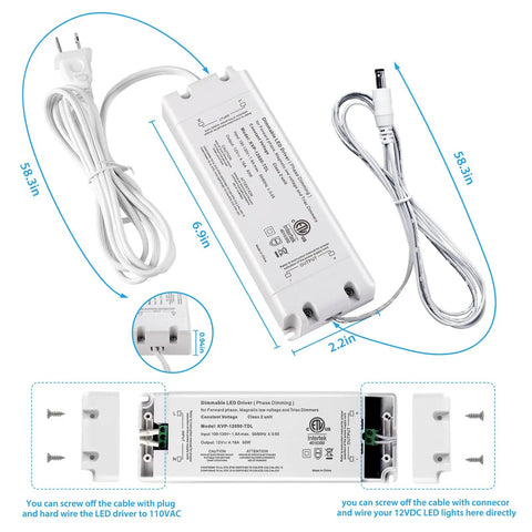 Driver component of Dimmable Under Cabinet Lighting Kit With Plug In Or Hardwired Driver, label details visible, light wires shown.