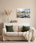 Blue Pickup Truck Wall Art For Farmhouse Decor 16x24 Rustic Canvas Print With White Daisies Barn Scene Countryside Cozy Rustic Vibe