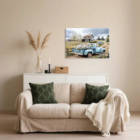 Blue Pickup Truck Wall Art For Farmhouse Decor 16x24 Rustic Canvas Print With White Daisies Barn Scene Countryside Cozy Rustic Vibe