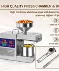 Rkazes 820W Automatic Oil Press Machine Hot And Cold Seed Extractor For Home Use Easy Clean Kitchen Gadget showing stainless steel press chamber and rod.