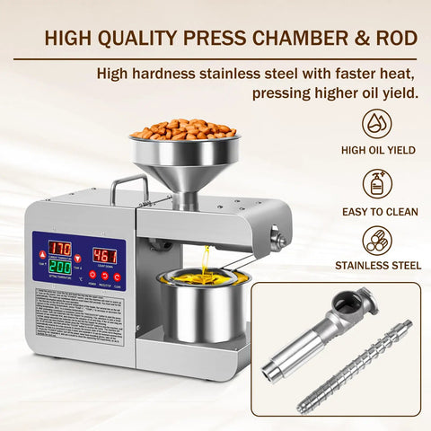 Rkazes 820W Automatic Oil Press Machine Hot And Cold Seed Extractor For Home Use Easy Clean Kitchen Gadget showing stainless steel press chamber and rod.